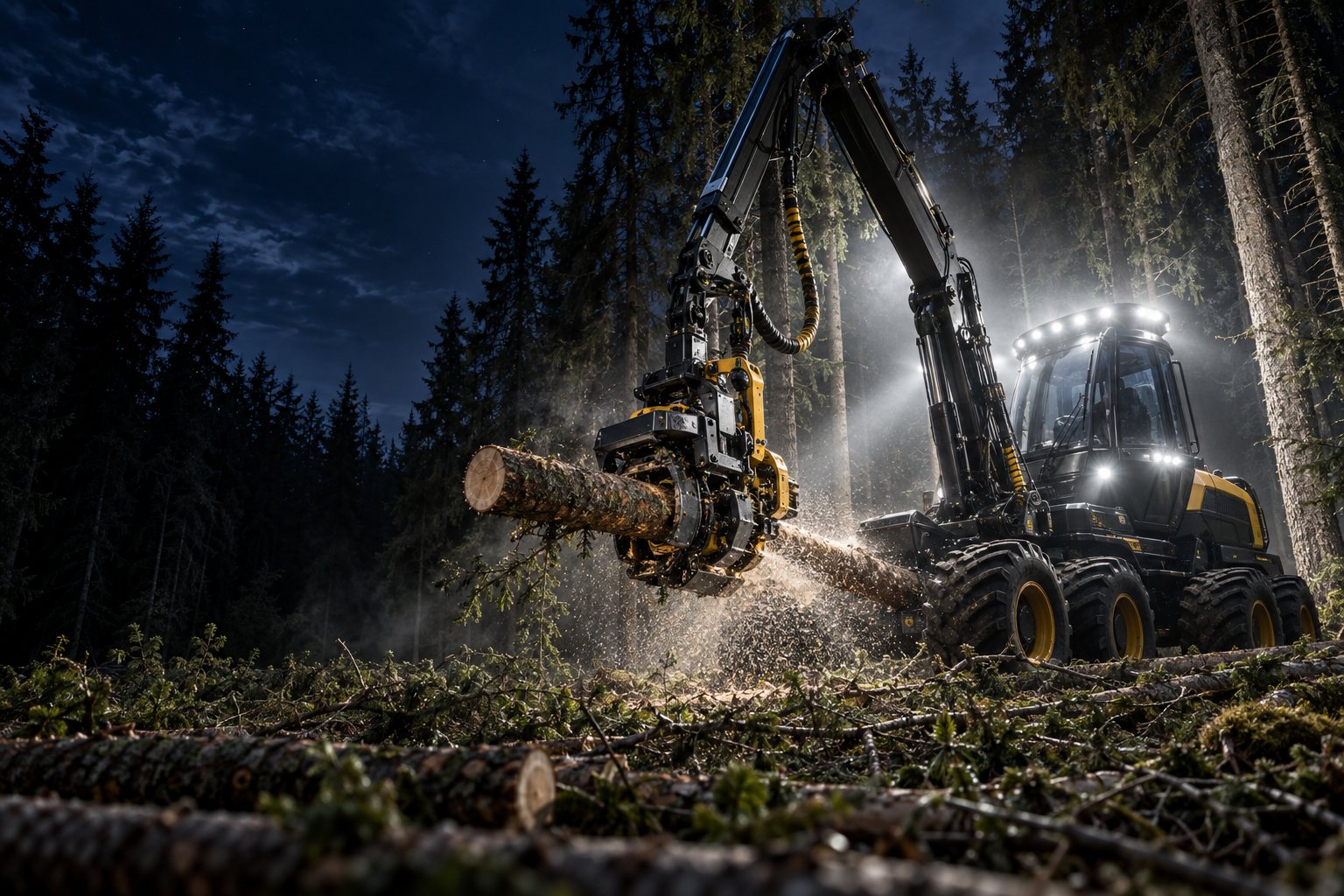 Metsamasin LED töötuledega öösel metsas