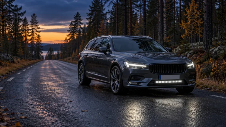 LED-lisatulega sõiduauto sügisesel metsateel