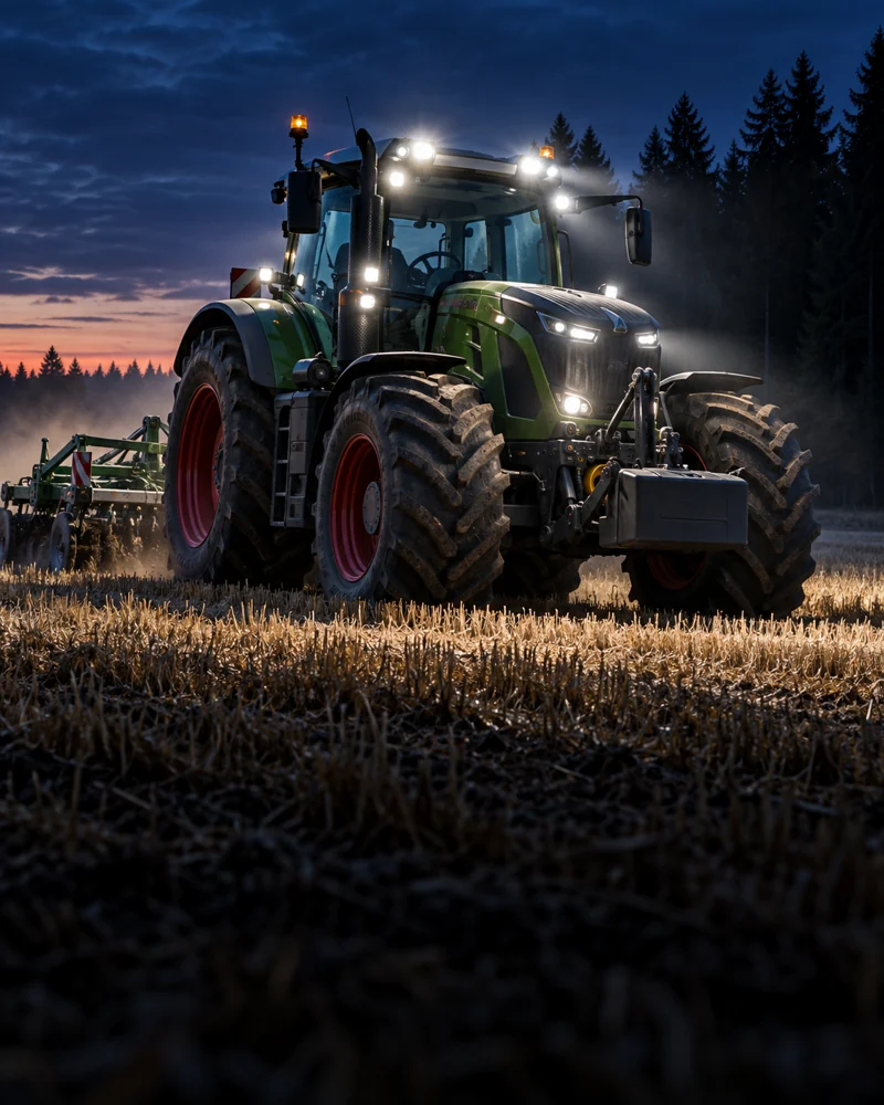 Töötuledega traktor põllul