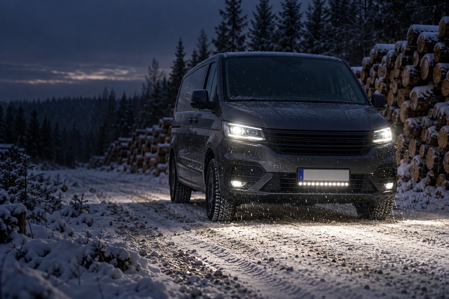 Kaubik Strands Nuuk E-Line LED-lisatulega talvisel metsateel palgivirnade juures